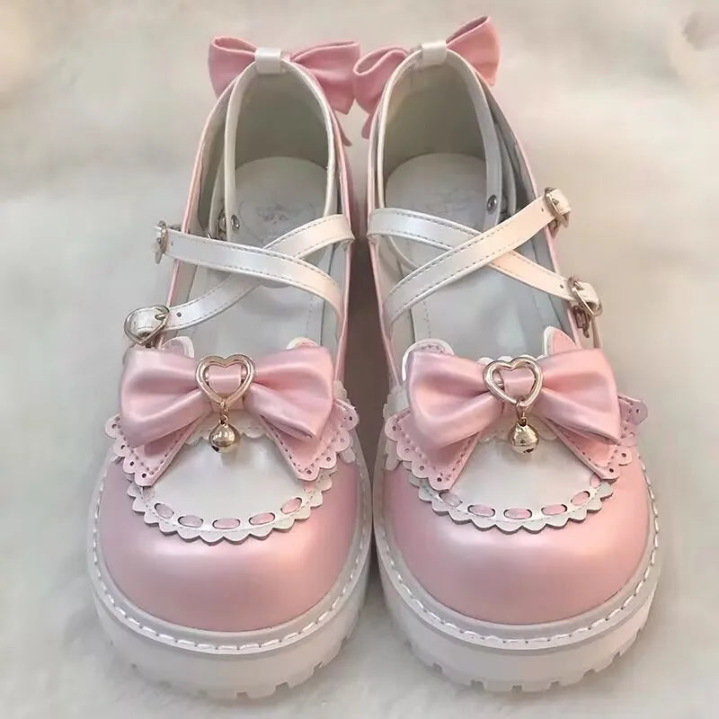 Cute Kitty Chime Heart Flats featuring bows, mini cat bells, and playful heart buckle strap for soft girl outfits