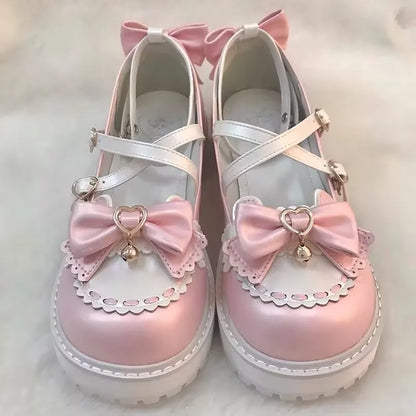 Cute Kitty Chime Heart Flats featuring bows, mini cat bells, and playful heart buckle strap for soft girl outfits