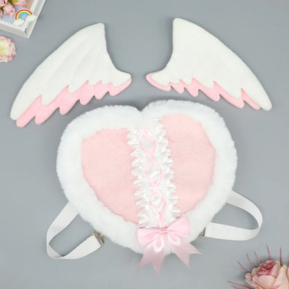 Kawaii lolita plush angel wings backpack with pastel colors and soft textures for DDLG and cutecore fashion