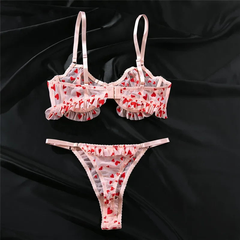 Kawaii Need Your Love lingerie, pink bra and thong with romantic hearts and ruffles, empowering cutecore DDLG/DDLGirl vibes