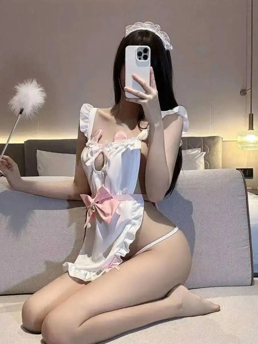 Kawaii pink and white neko maid lingerie set with cut-outs, ribbons, and playful cosplay charm