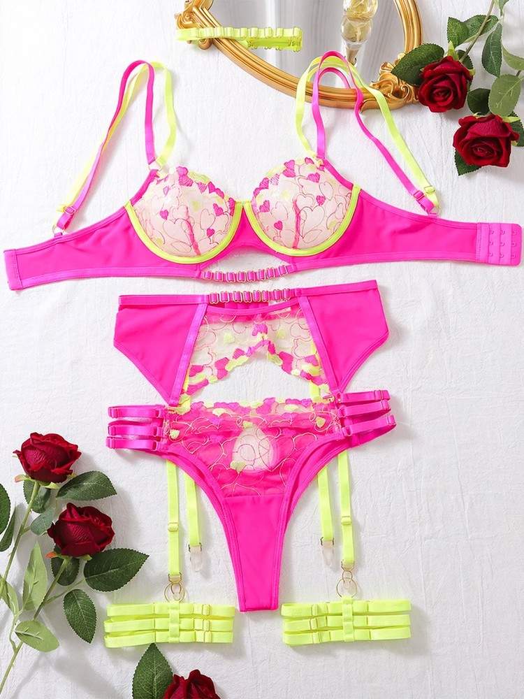 Cute kawaii neon heart lingerie set for ABDL and DDLG, pink and green mesh bra, thong, and garters.