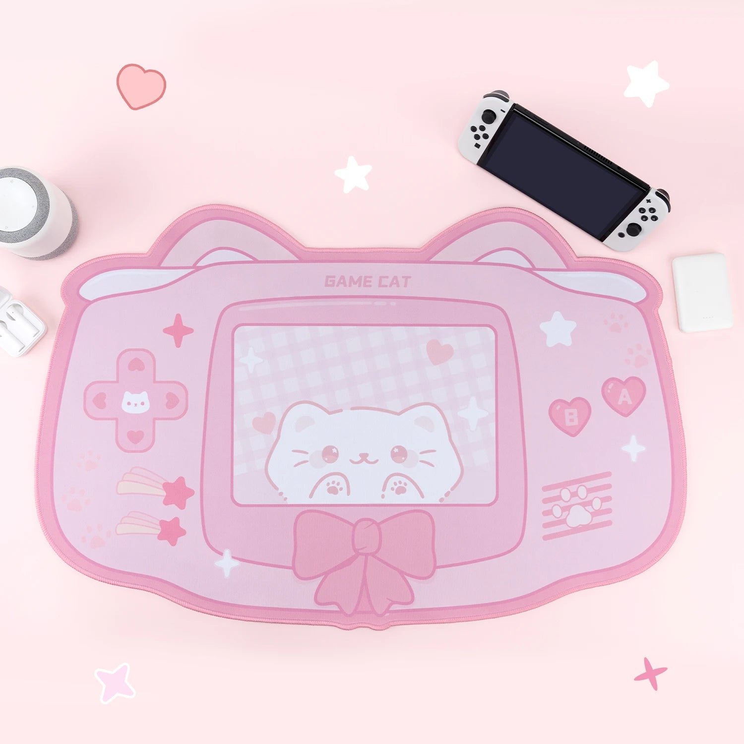 Pink kawaii cat ear mousepad with vibrant cartoon design, soft fabric, and anti-slip rubber backing for gaming