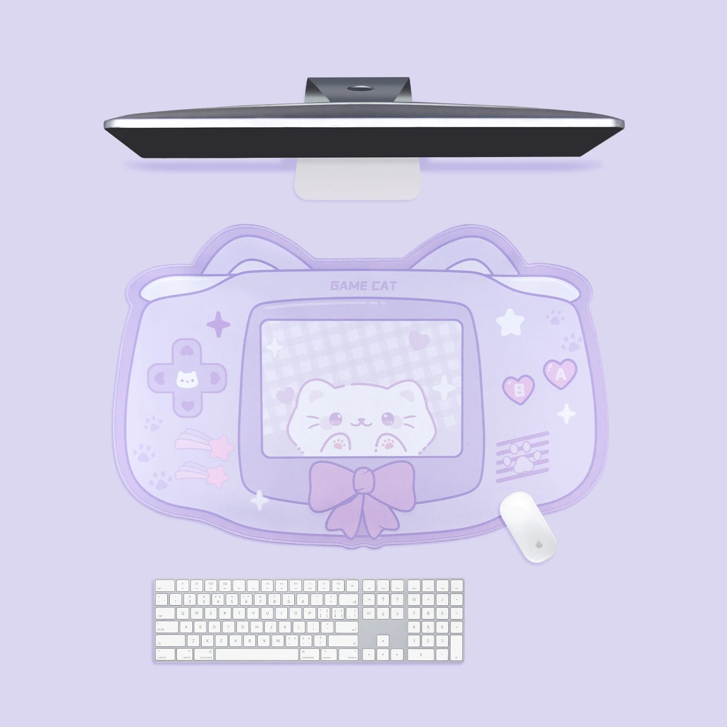 Purple pastel cat ear mousepad with cute cartoon print and durable anti-slip backing, perfect for kawaii gaming setups