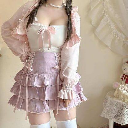 Kawaii pastel Lolita corset skirt with side laces and frilly volume for soft girl and ABDL fashion