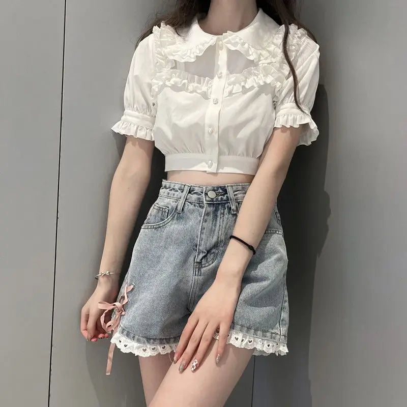 Cute pastel lace shorts with pink heart embroidery, lace trim, and ruffles for DDLG ABDL softcore outfits