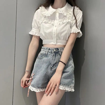 Cute pastel lace shorts with pink heart embroidery, lace trim, and ruffles for DDLG ABDL softcore outfits