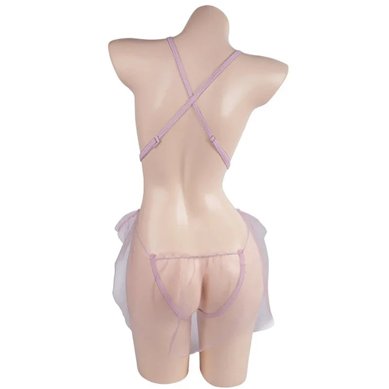 kawaii bridal babydoll lingerie in sheer mesh with lace, pastel pink set for ddlg and cutecore fashion