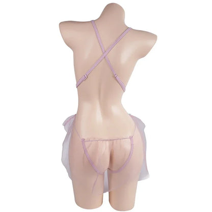 kawaii bridal babydoll lingerie in sheer mesh with lace, pastel pink set for ddlg and cutecore fashion