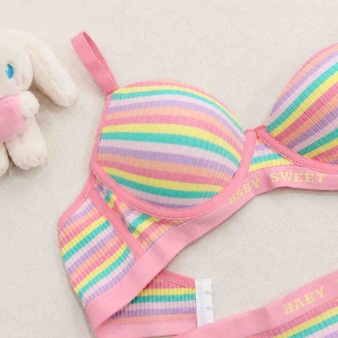 Kawaii pastel rainbow candy lingerie set with cute bra and panties for cutecore fashion lovers