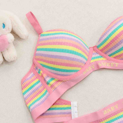 Kawaii pastel rainbow candy lingerie set with cute bra and panties for cutecore fashion lovers