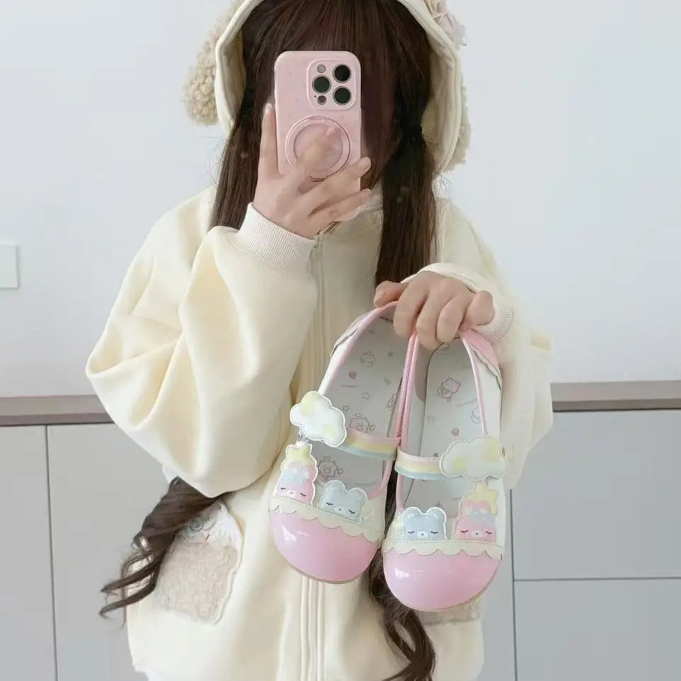 Kawaii pastel rainbow Teddy Lolita flats with playful teddy bear motifs, stars, and clouds for DDLG fashion