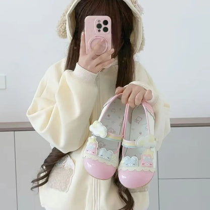 Kawaii pastel rainbow Teddy Lolita flats with playful teddy bear motifs, stars, and clouds for DDLG fashion