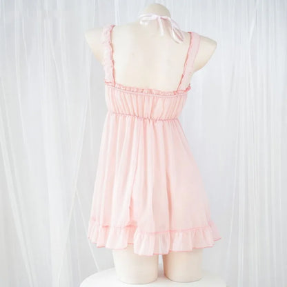 Kawaii pastel rose bedtime dress, flowy silhouette, dreamy cutecore outfit for soft cozy nights