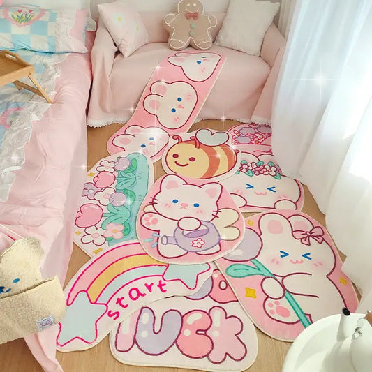 Pastel pink kawaii rug with bunny cartoon design