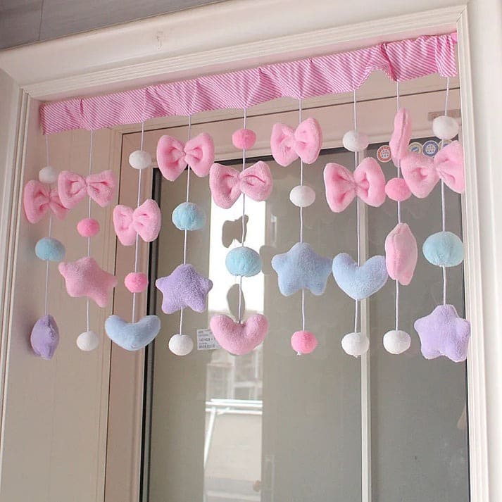 Kawaii-style window valance in pink, purple, and white with playful shapes for nursery or bedroom decor