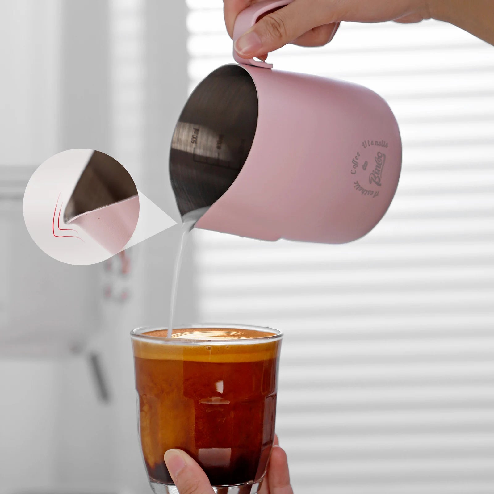 Kawaii pastel pink coffee frothing pitcher 25oz stainless steel with comfy handle for easy pouring