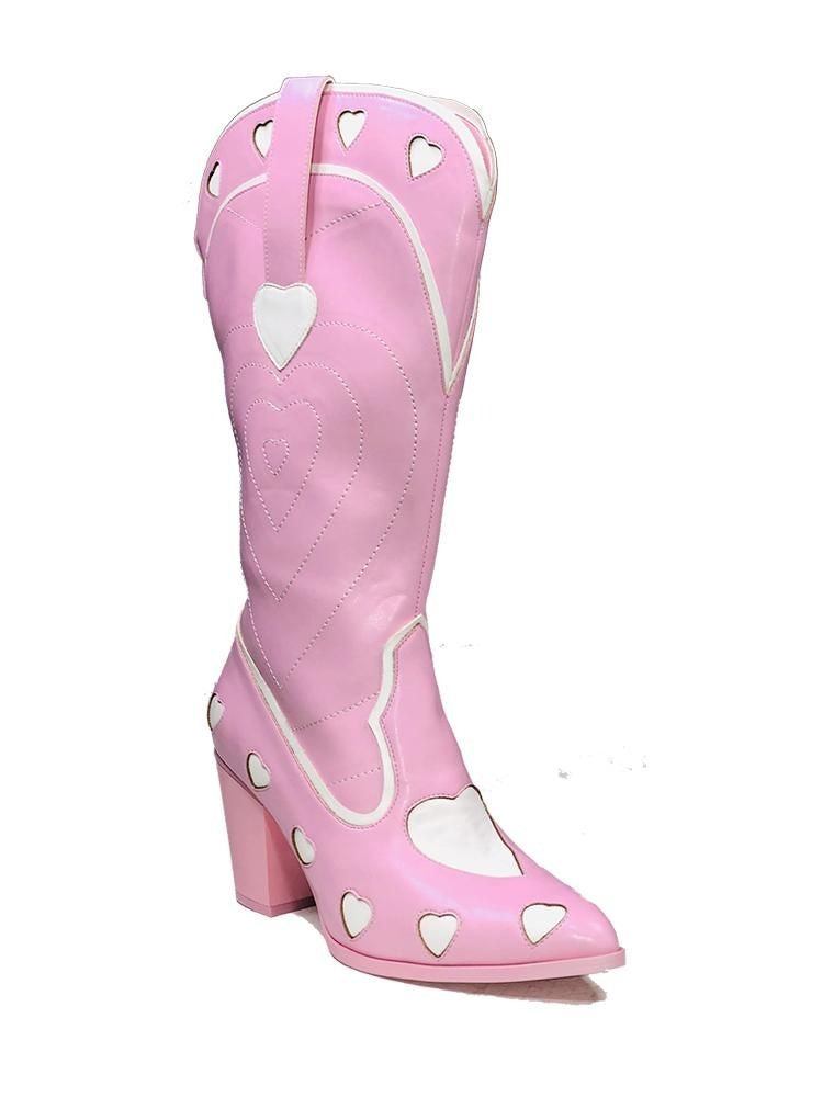 Kawaii pink cowgirl boots featuring heart accents and ribbons, perfect for babycore, DDLG, ABDL, and pastel fashion vibes