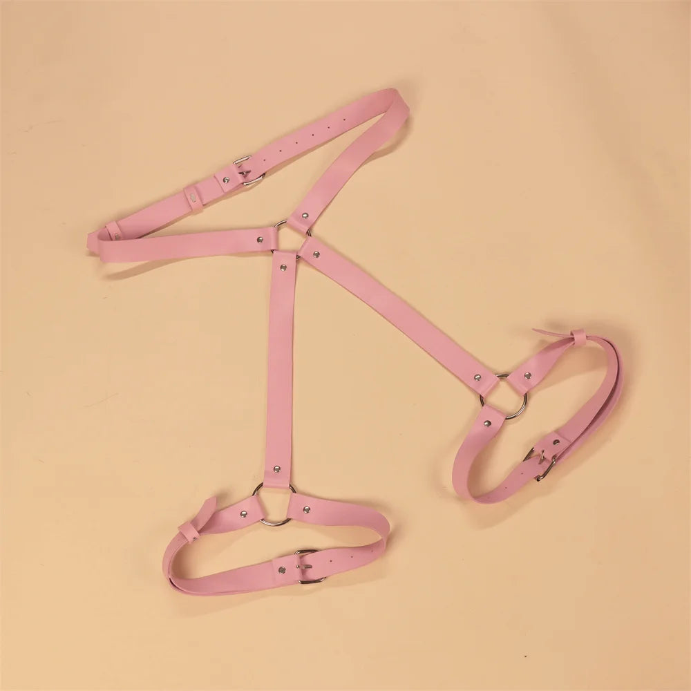 Kawaii pink wrist-to-thigh harness combining flirty restraint and comfy fit in soft faux leather