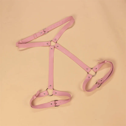 Kawaii pink wrist-to-thigh harness combining flirty restraint and comfy fit in soft faux leather