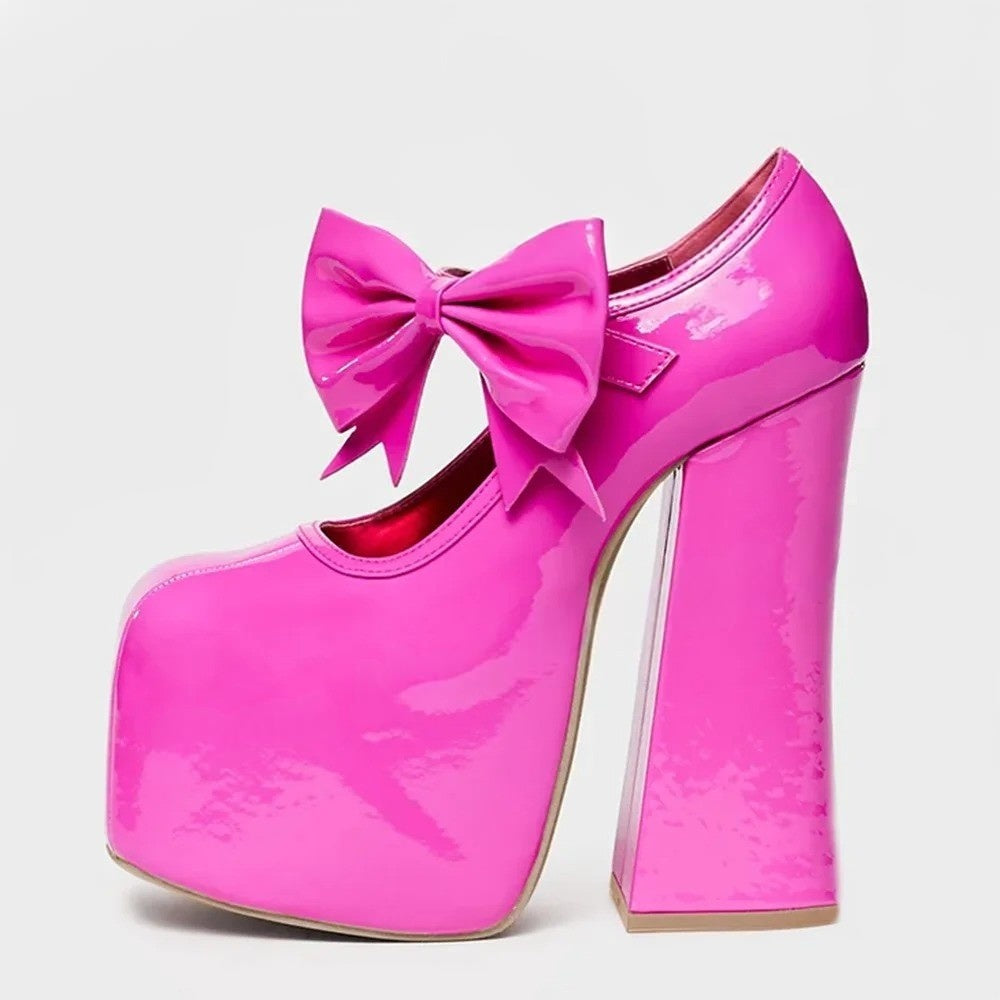 Kawaii pink platform heels with flirty bows, ideal for parties, TikTok OOTDs, and viral fits