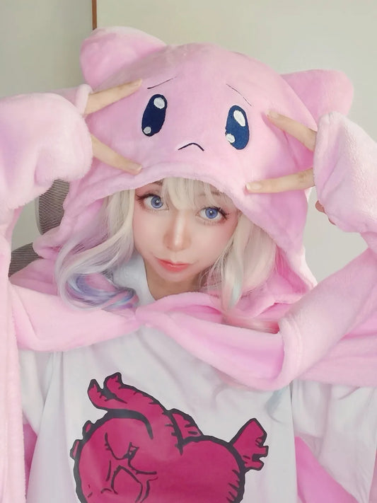 kawaii pink kitty blanket with ears and embroidered eyes for cozy cuddles, DDLG, ABDL, and little-space comfort