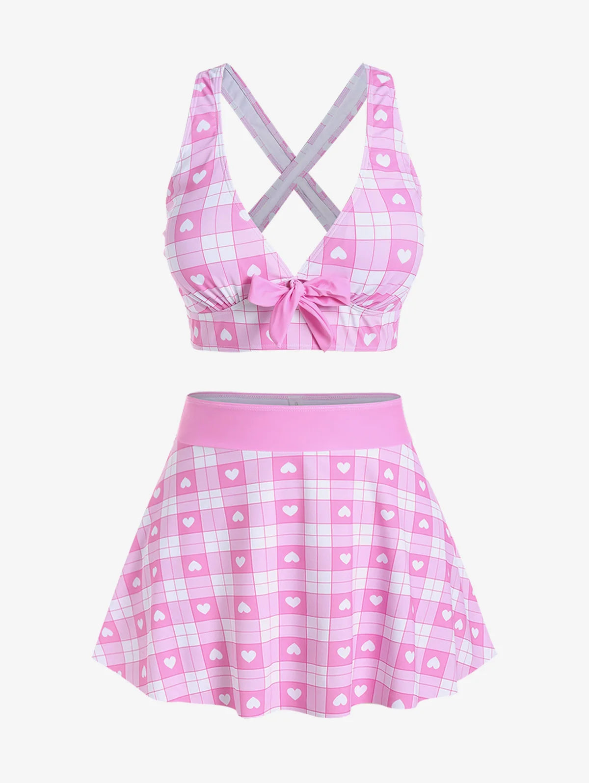 Kawaii Pink Plaid Bikini Set for curvy gals, ribbon detail & playful three-piece design, DDLG ABDL fashion