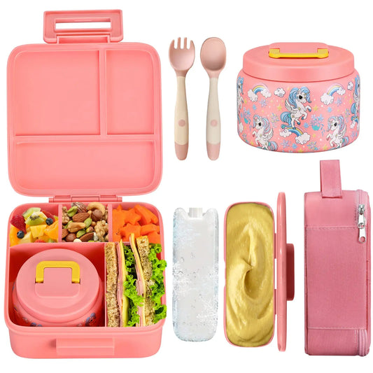 Cute kawaii pink unicorn lunch container for DDLG and ABDL, with insulated compartments and spoon set