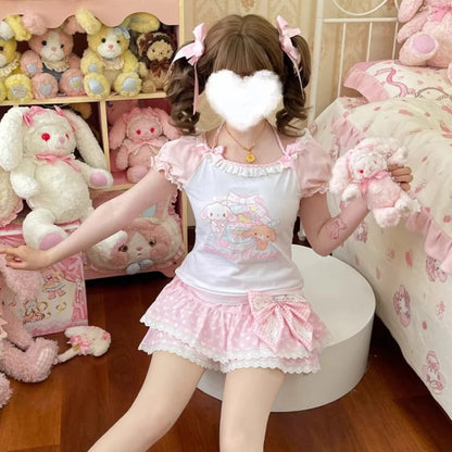 Model styled in soft pink and white bunny planet set, perfect for kawaii cafe looks