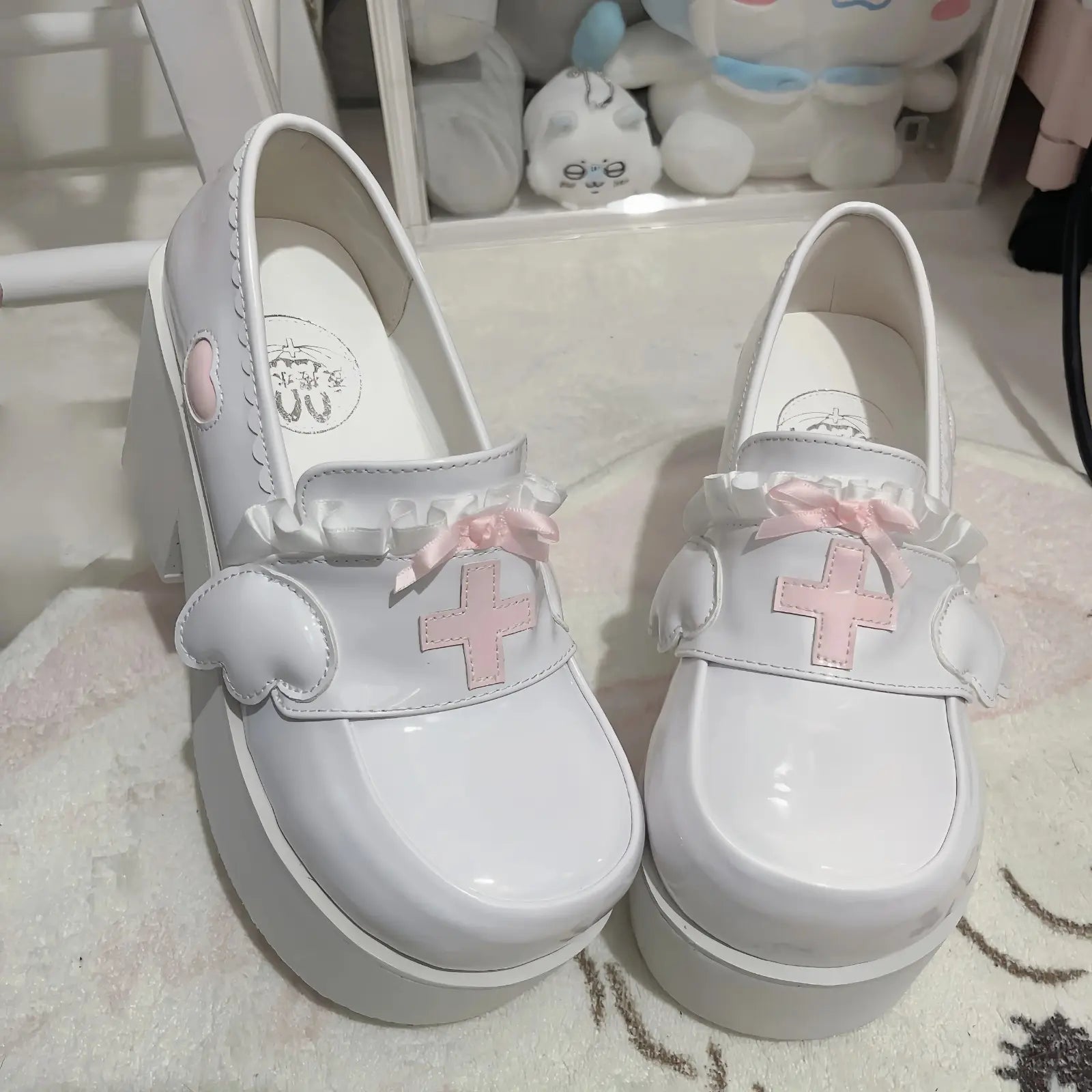 Healing Halo Platform Heels featuring nurse-inspired charm, cross centerpiece, and delicate frilly bows