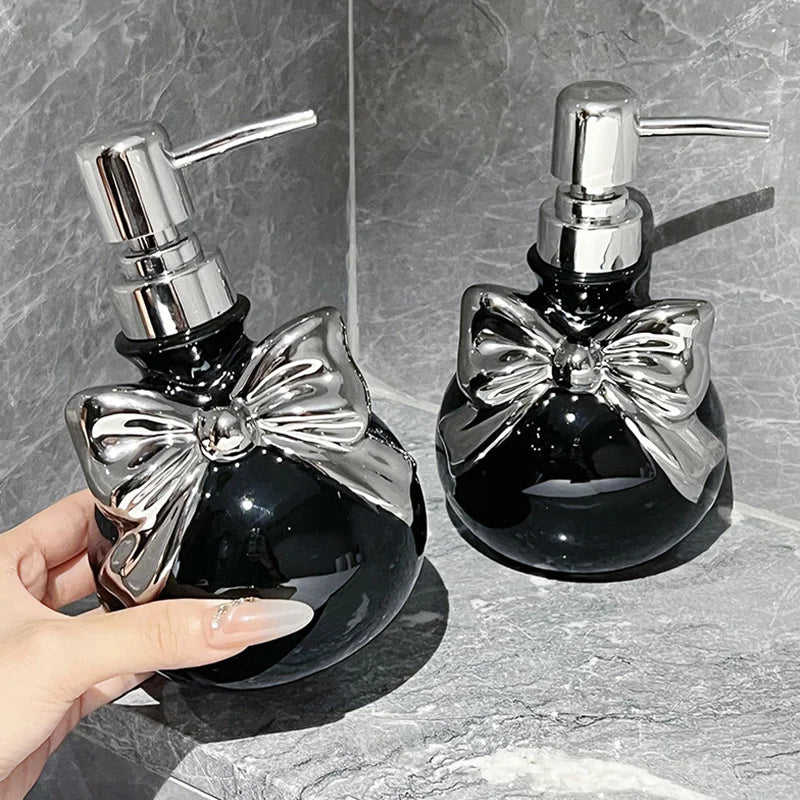 Kawaii princess bow soap dispenser in black and silver, cutecore and dollcore elegant bathroom aesthetic