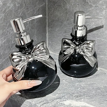 Kawaii princess bow soap dispenser in black and silver, cutecore and dollcore elegant bathroom aesthetic