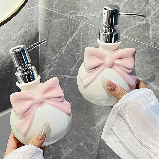 Kawaii princess bow soap dispenser, soft pastel design, cutecore and dollcore bathroom aesthetic