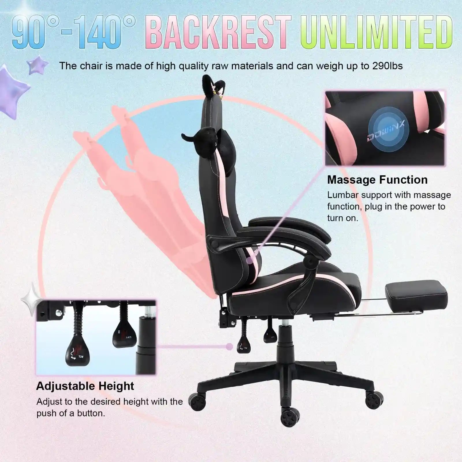Kawaii Princess Throne Gaming Chair with adjustable back, ergonomic plush seat with cute animal ears for cutecore