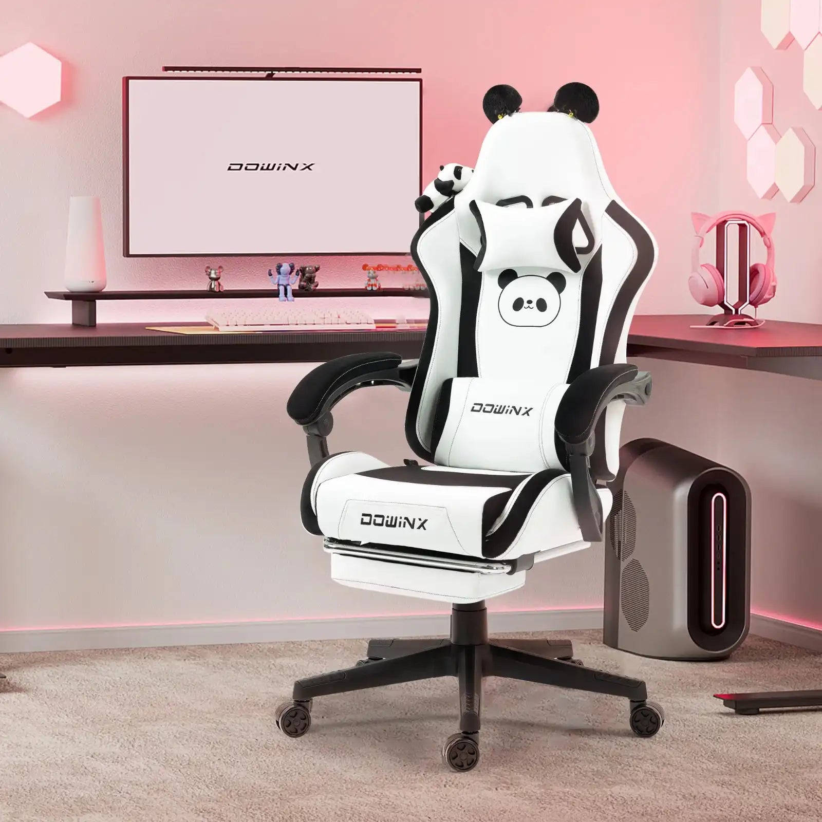 Kawaii Princess Throne Gaming Chair White Black Panda, plush pastel chair with panda ears for kawaii DDLG style