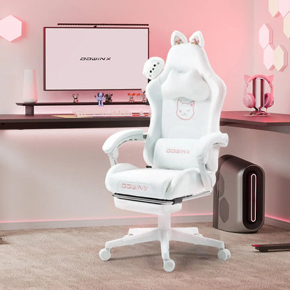 Kawaii Princess Throne Gaming Chair White Cat, ergonomic pastel chair with cute cat ears for kawaii cutecore vibes