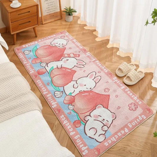 White bunny and teddy bear rug with peach pattern on pink kawaii carpet for DDLG or ABDL bedroom decor