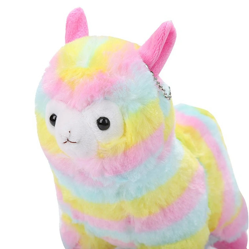 Kawaii rainbow alpaca plush keychain with soft pastel fur, ideal for adding cozy charm to keys, bags, or room decor.