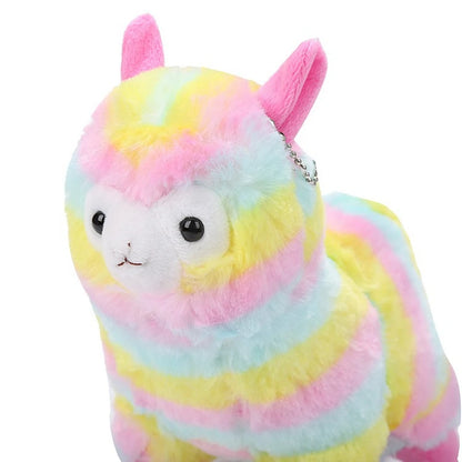 Kawaii rainbow alpaca plush keychain with soft pastel fur, ideal for adding cozy charm to keys, bags, or room decor.