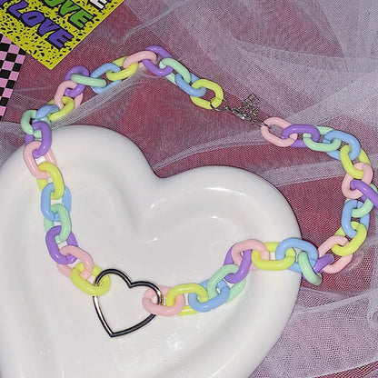 Kawaii Rainbow Candy Heart Necklace with pastel links and heart charm, perfect for little space, cosplay, and pastel fashion