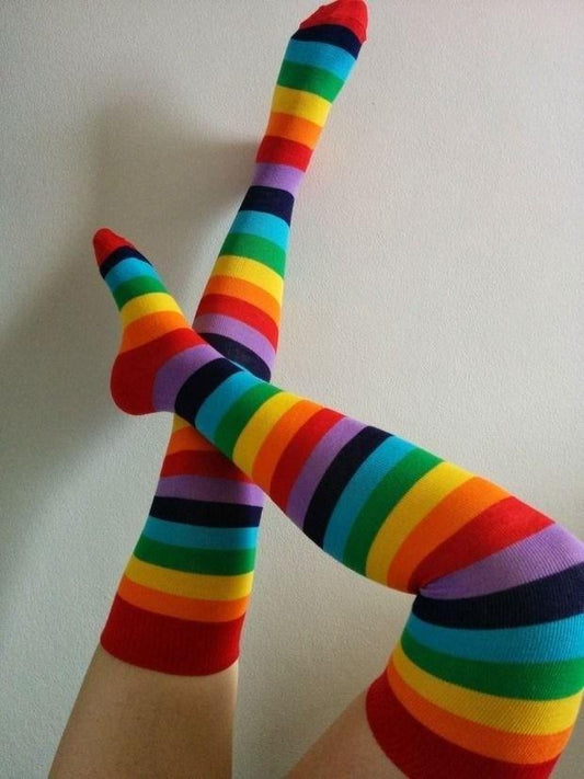 Kawaii rainbow gloves and stockings set with bold stripes, soft stretchy fabric, perfect for cute cutecore fashion