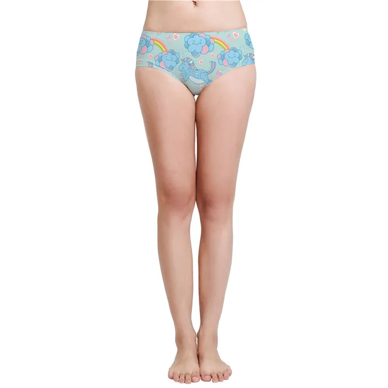Cute rainbow unicorn cloud panties with stretchy fabric, perfect for kawaii and ABDL fashion lovers