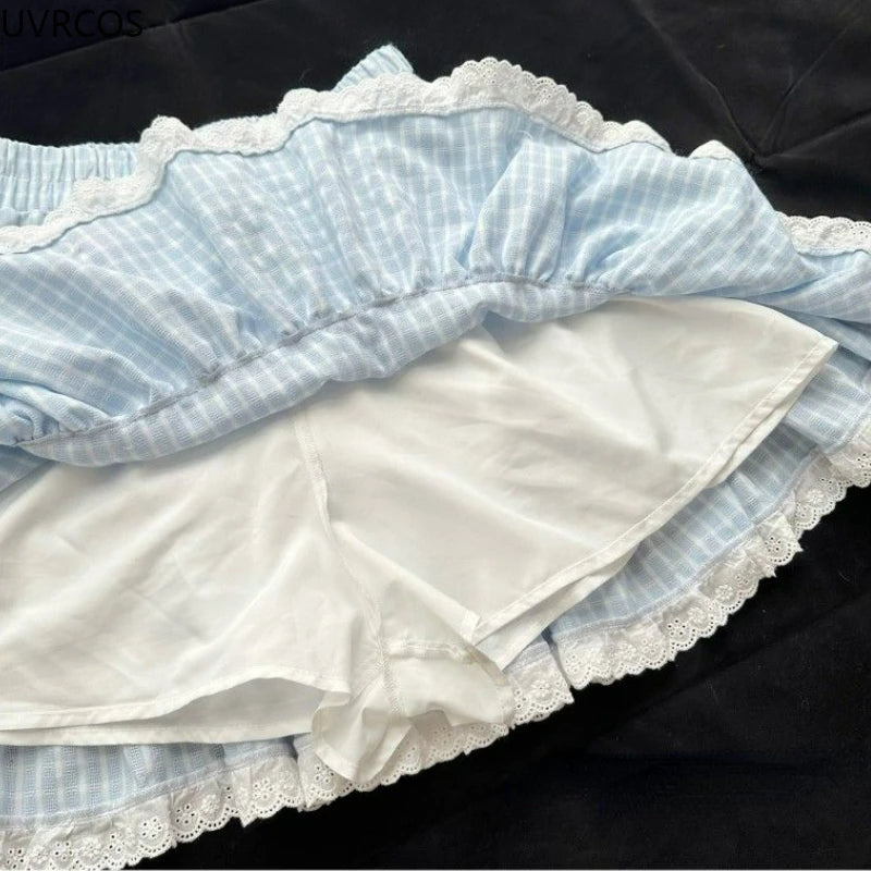 Cute kawaii schoolgirl pleated skirt in soft blue plaid, perfect for DDLG aesthetics