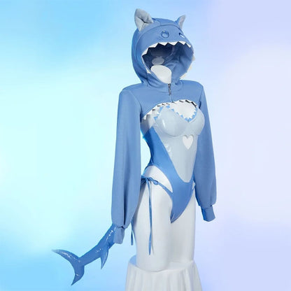 Model in Sweet Shark Bite shark hoodie styled for DDLG littlespace aesthetic with cute kawaii expression