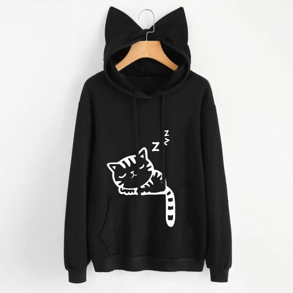 Black kawaii sleepy kitty graphic hoodie, anime streetwear style