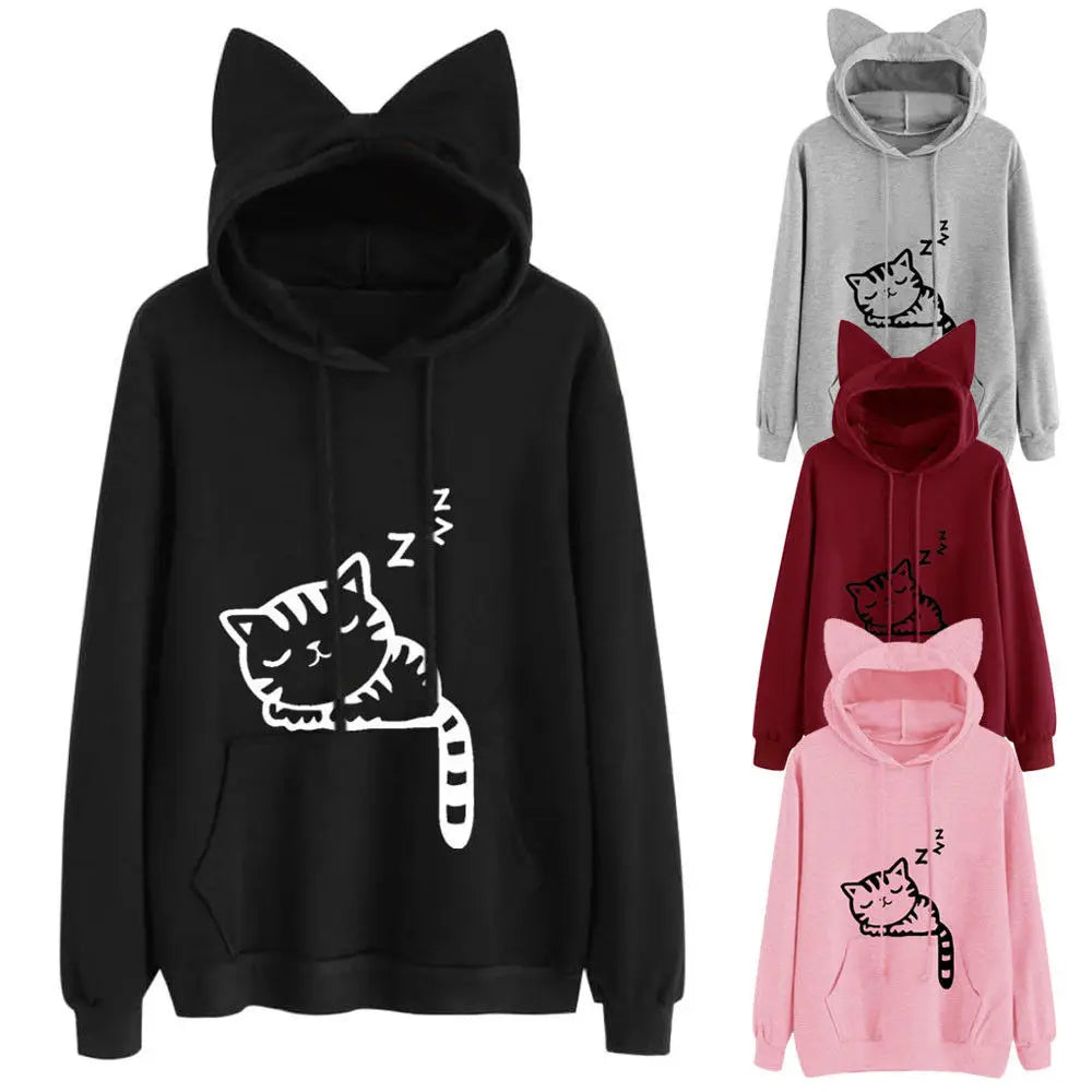 Integrated cat ear hood detail on kawaii sleepy kitty graphic hoodie