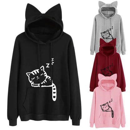 Integrated cat ear hood detail on kawaii sleepy kitty graphic hoodie