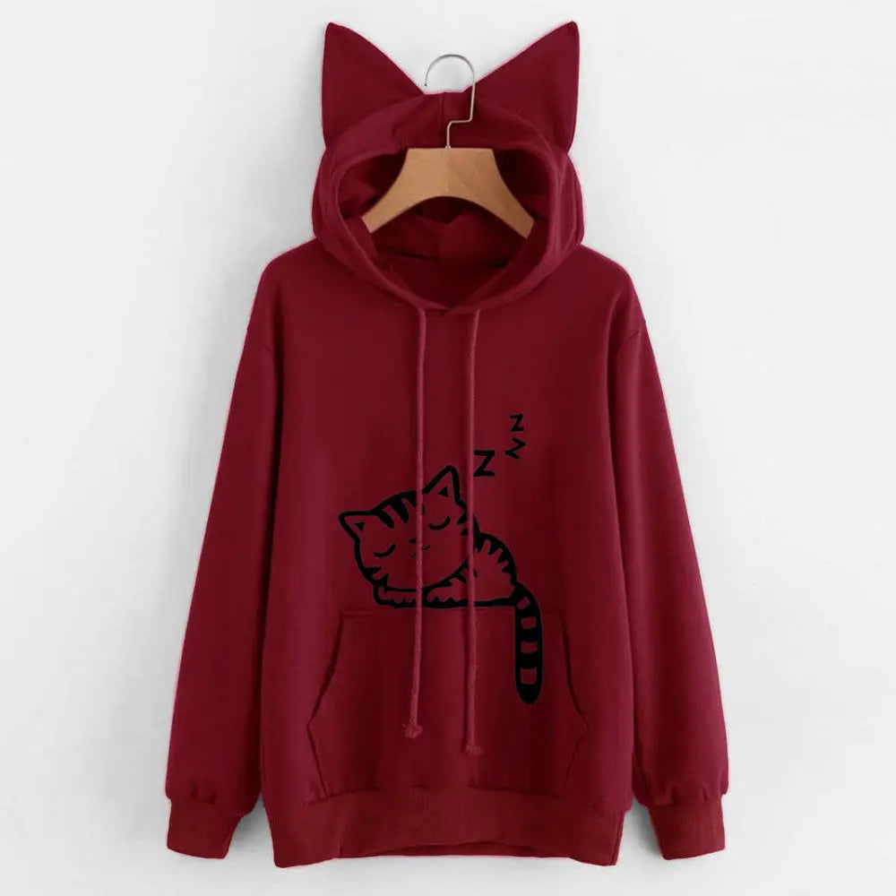 Cherry kawaii sleepy kitty graphic hoodie, cute casual cat lover style