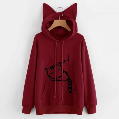 Cherry kawaii sleepy kitty graphic hoodie, cute casual cat lover style