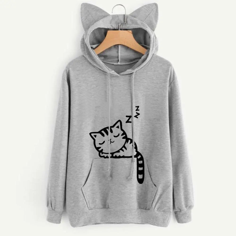 Grey kawaii sleepy kitty graphic hoodie with pouch pocket, DDLGirl style